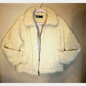 Zara Medium Jacket Teddy Bear Cream Zip Cropped PRELOVED excellent